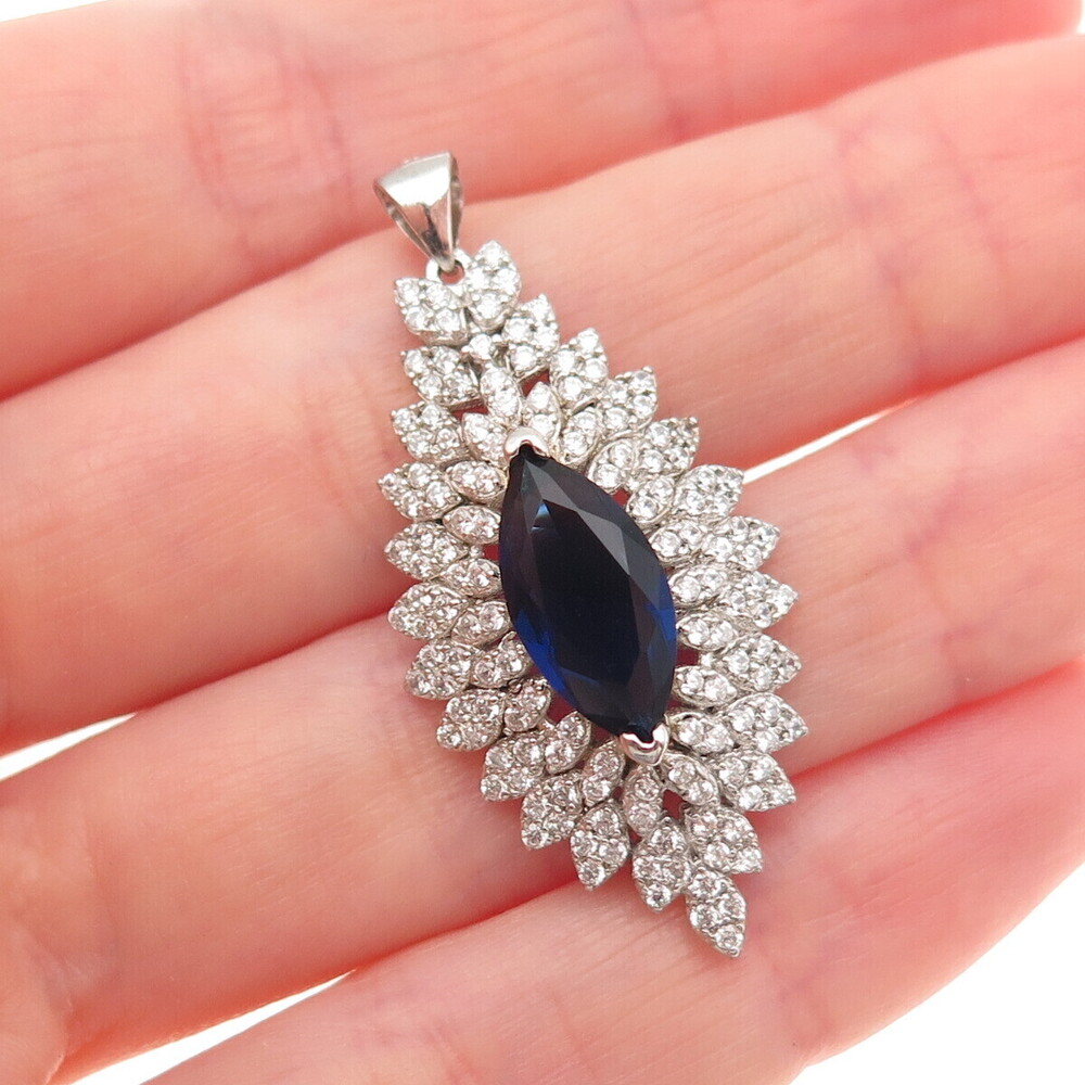 925 Sterling Silver Marquise-Cut Blue & Round-Cut White C Z Charm Pendant